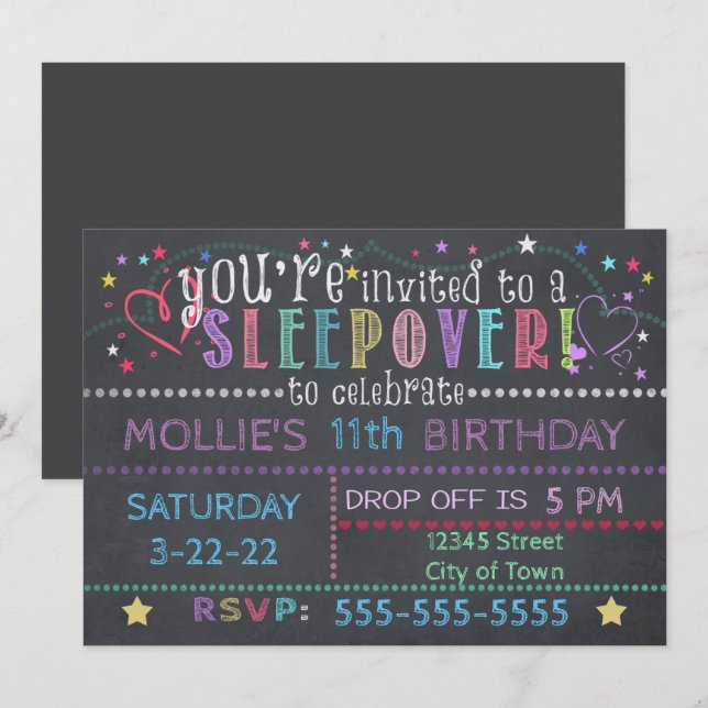 Chalkboard Birthday Sleepover Inbjudningar (Fram/baksida)