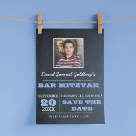 Chalkboard Blå Bar Mitzvah Foto Spara Datumet Meddelande Vykort