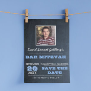 Chalkboard Blå Bar Mitzvah Foto Spara Datumet Meddelande Vykort