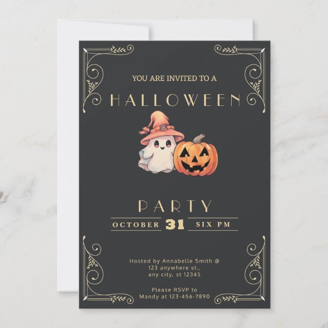 Chalkboard Black & Guld Cute Ghost Halloween Inbjudningar (Framsida)
