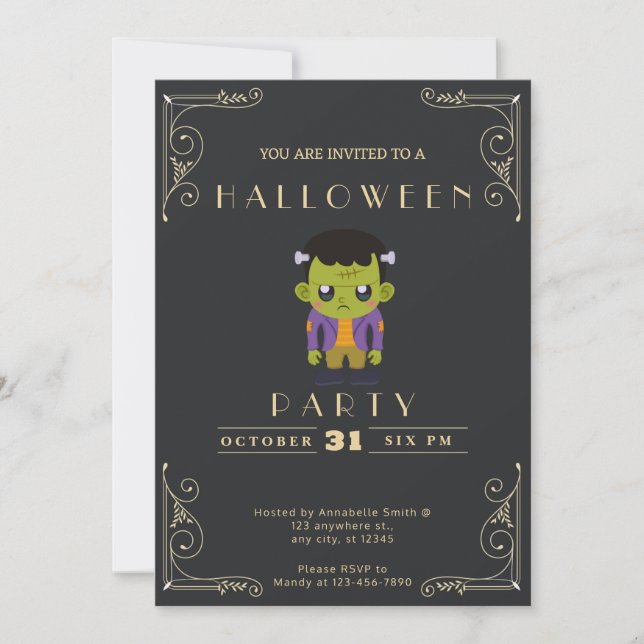 Chalkboard Black & Guld Cute Monster Halloween Inbjudningar (Framsida)