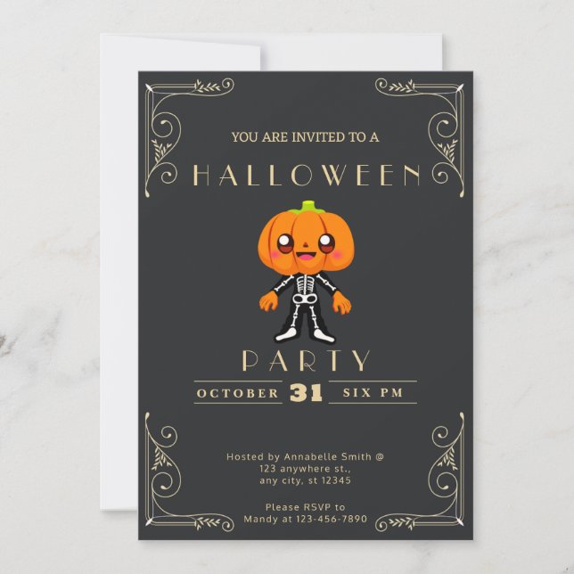 Chalkboard Black & Guld Cute Pumpkinhead Halloween Inbjudningar (Framsida)