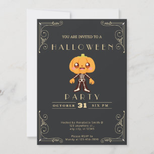 Chalkboard Black & Guld Cute Pumpkinhead Halloween Inbjudningar