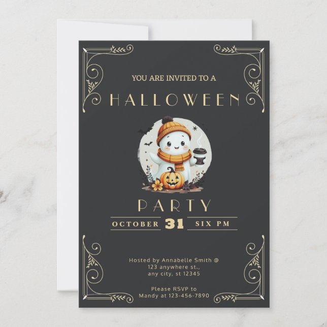 Chalkboard Black & Guld Ghost Coffee Halloween Inbjudningar (Framsida)