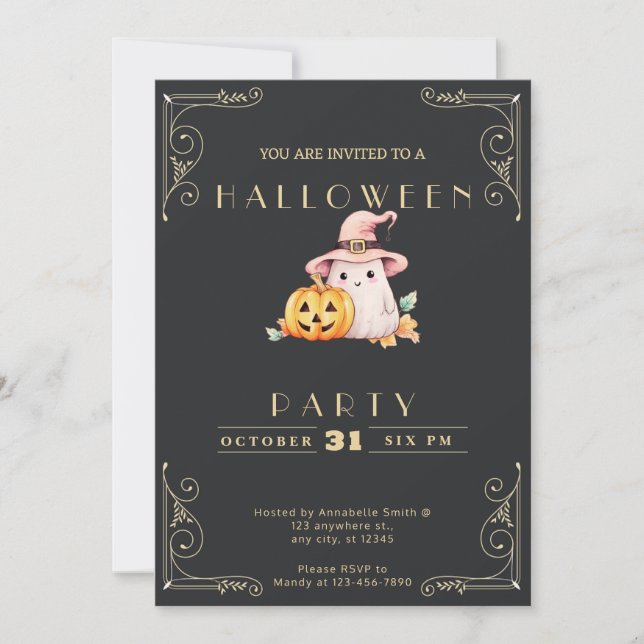 Chalkboard Black & Guld Ghost Halloween Inbjudningar (Framsida)
