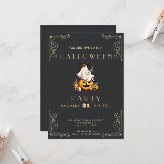 Chalkboard Black & Guld Ghost Vin Skull Halloween Inbjudningar (Fram/Back In Situ)