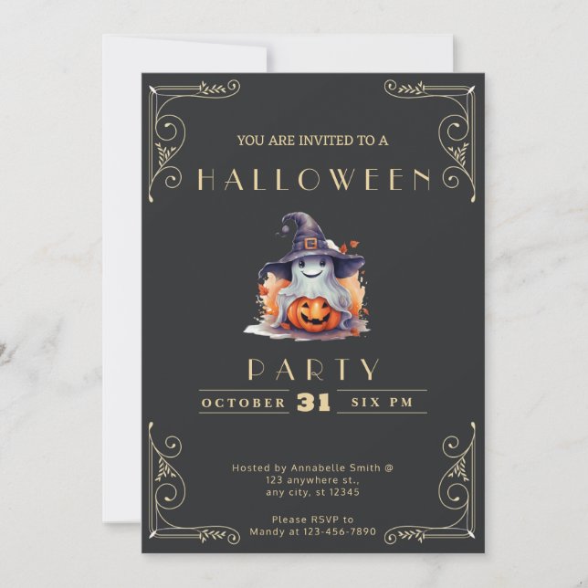 Chalkboard Black & Guld Ghost Witch Hat Halloween Inbjudningar (Framsida)