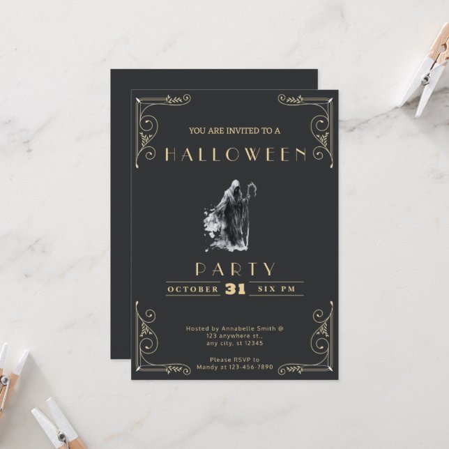 Chalkboard Black & Guld Grim Reaper Halloween Inbjudningar (Fram/Back In Situ)