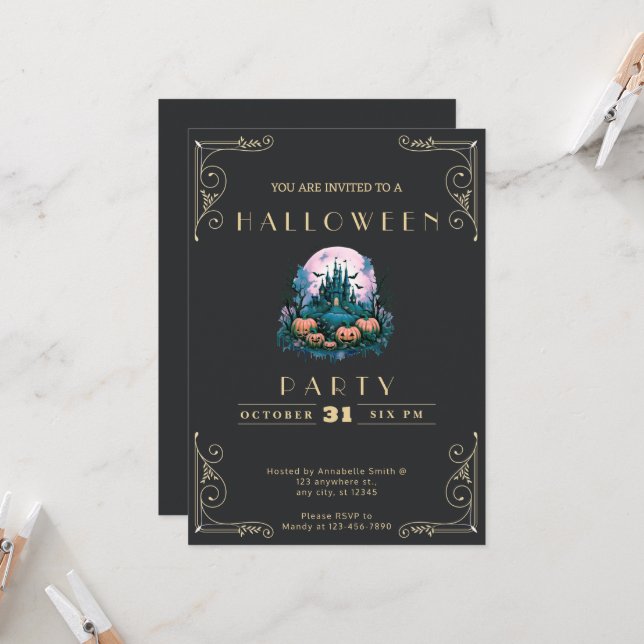 Chalkboard Black & Guld Haunted Castle Halloween Inbjudningar (Fram/Back In Situ)