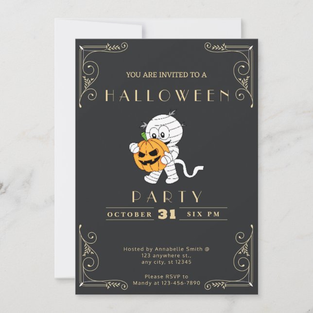 Chalkboard Black & Guld Mummy & Pumpkin Halloween Inbjudningar (Framsida)