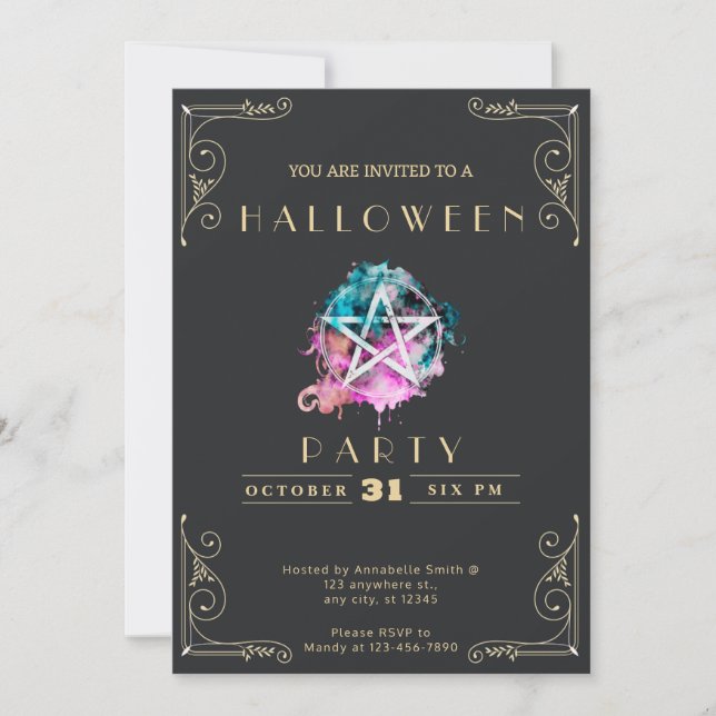 Chalkboard Black & Guld Pentagram Halloween Inbjudningar (Framsida)