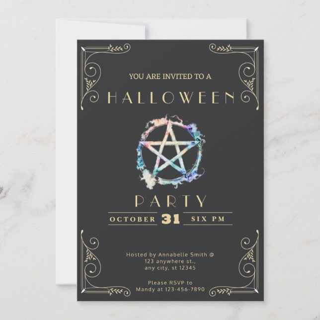 Chalkboard Black & Guld Pentagram Halloween Inbjudningar (Framsida)