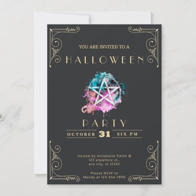 Chalkboard Black & Guld Pentagram Halloween Inbjudningar (Framsida)