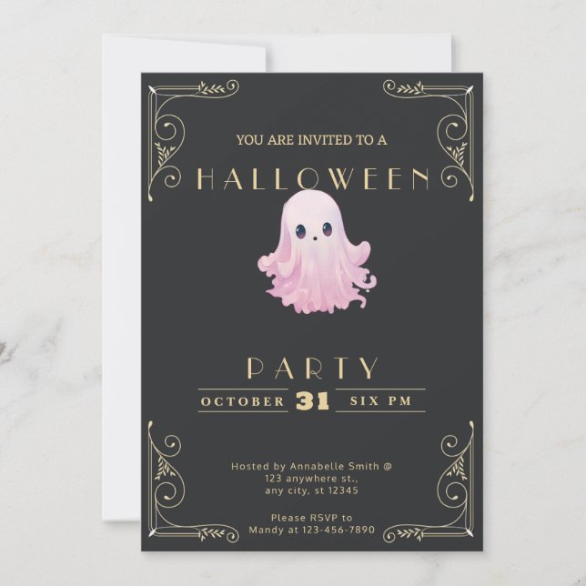 Chalkboard Black & Guld Rosa Ghost Halloween Inbjudningar (Framsida)