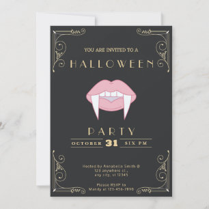 Chalkboard Black & Guld Rosa Vampire Lip Halloween Inbjudningar