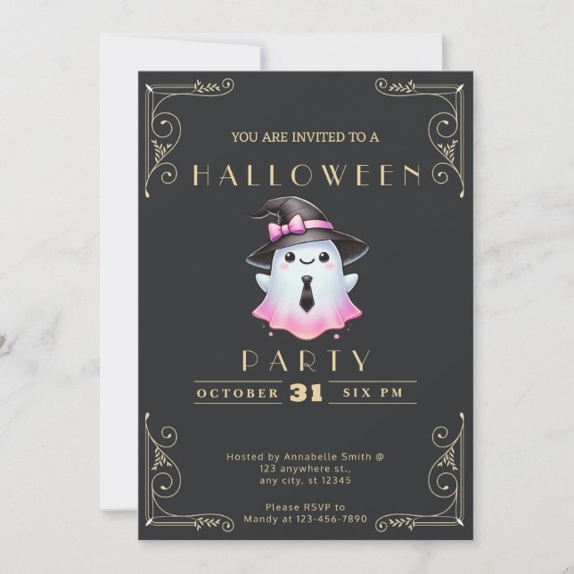 Chalkboard Black & Guld Rosa White Ghost Halloween Inbjudningar (Framsida)