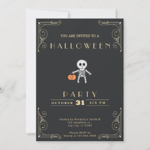 Chalkboard Black & Guld Skeleton Costume Halloween Inbjudningar