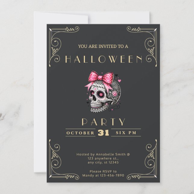 Chalkboard Black & Guld Skull Rosa Bow Halloween Inbjudningar (Framsida)