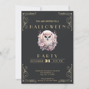 Chalkboard Black & Guld Söt Uggla Halloween Inbjudningar