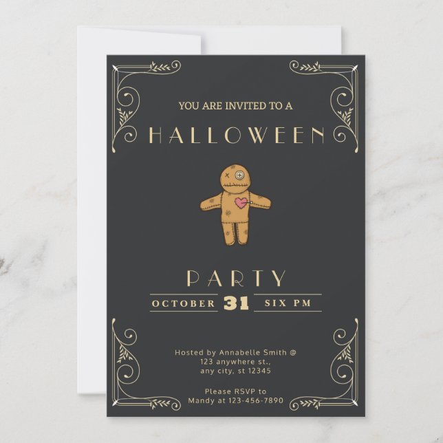 Chalkboard Black & Guld Voodoo Doll Halloween Inbjudningar (Framsida)