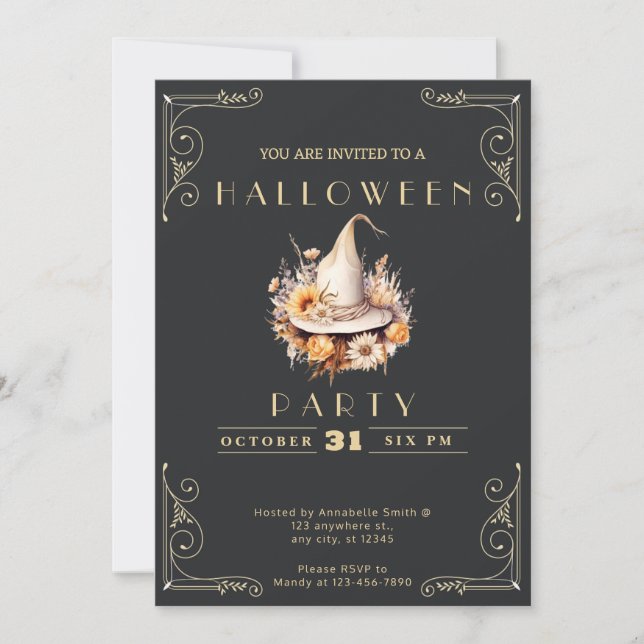 Chalkboard Black & Guld Witch Hat Halloween Inbjudningar (Framsida)