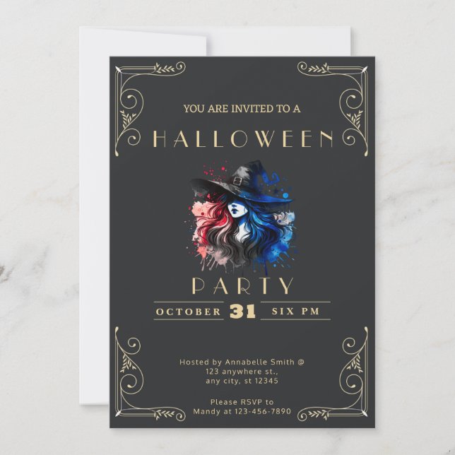 Chalkboard Black & Guld Witch Rainbow Halloween in Inbjudningar (Framsida)