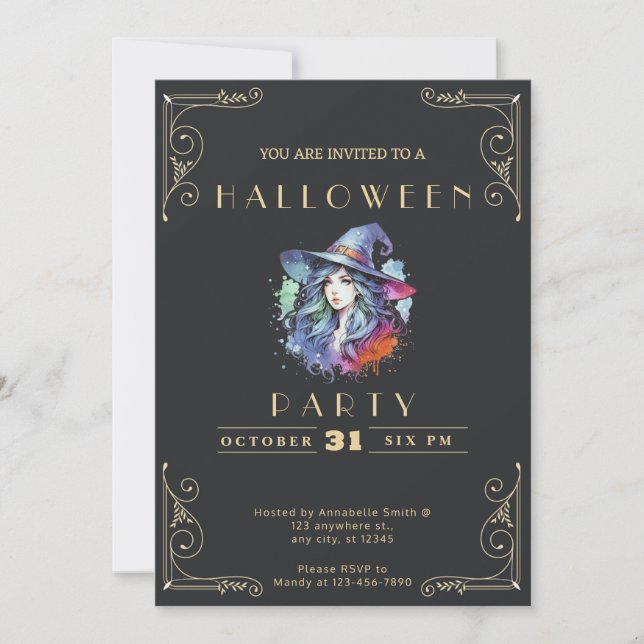 Chalkboard Black & Guld Witch Rainbow Halloween in Inbjudningar (Framsida)
