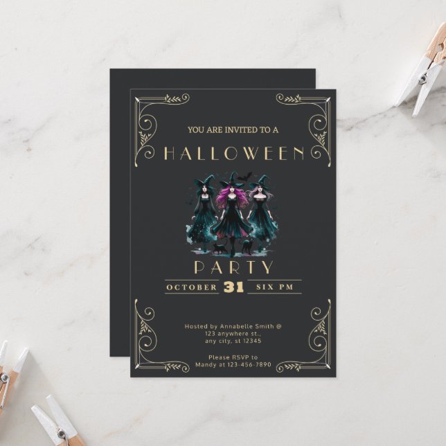 Chalkboard Black & Guld Witches Fladdermus Hallowe Inbjudningar (Fram/Back In Situ)
