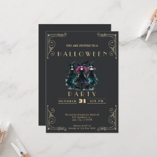 Chalkboard Black & Guld Witches Fladdermus Hallowe Inbjudningar