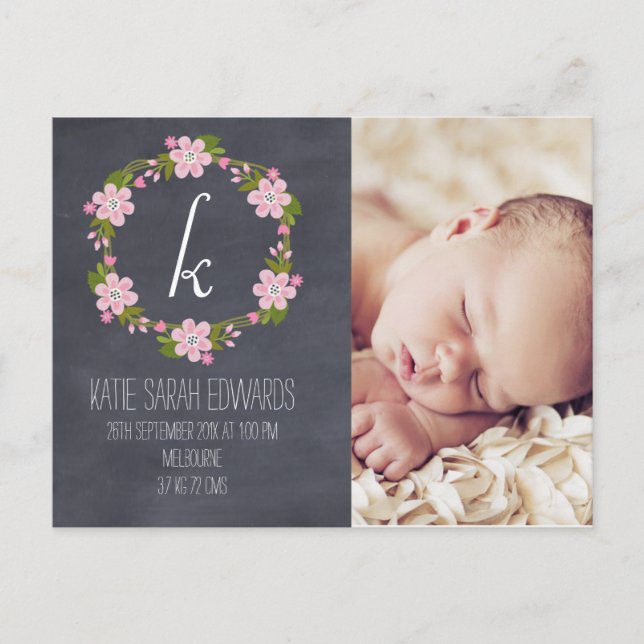 Chalkboard Blommigt Girl Baby annons Postcard Meddelande Vykort (Framsida)
