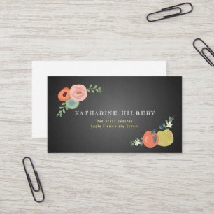 Chalkboard Blommigt Ro Apple Teacher Affärskort Visitkort