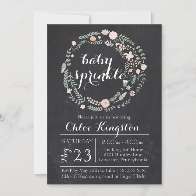 Chalkboard Blommigt Wand Baby Sprinkle Inbjudan (Framsida)