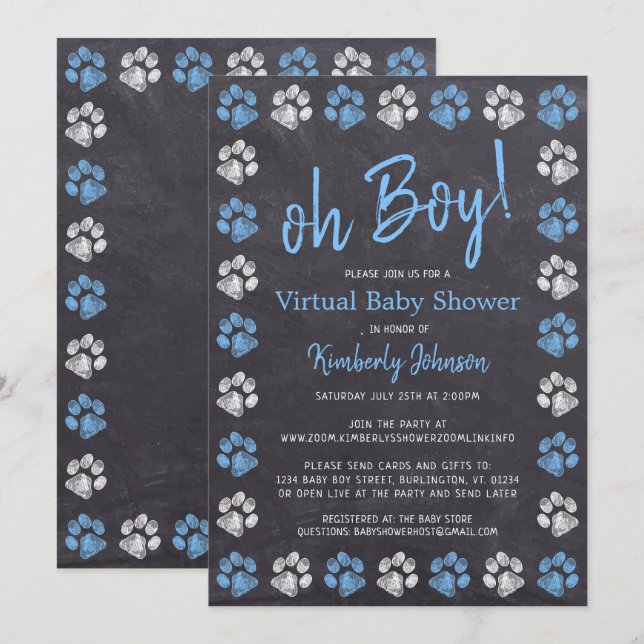 Chalkboard Blue Boy Paw Skriv ut Virtuella babysko Inbjudningar (Fram/baksida)