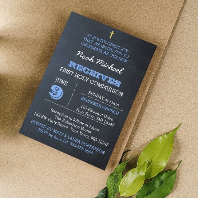Chalkboard Blue First Communion-inbjudan Inbjudningar (Skapare uppladdad)