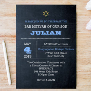 Chalkboard Blue Large Namn Pub Mitzvah Inbjudningar