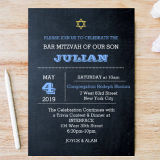 Chalkboard Blue Large Namn Pub Mitzvah Inbjudningar