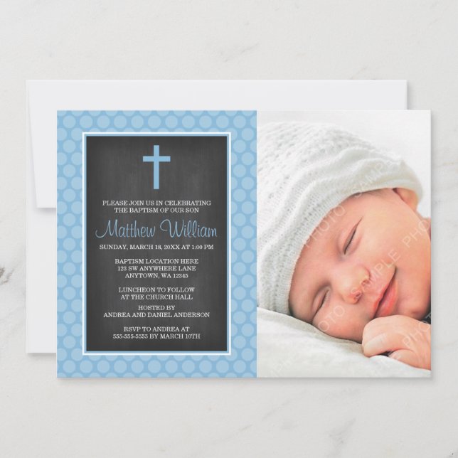 Chalkboard Blue Polka Dot Kor Boy Foto Baptism Inbjudningar (Framsida)