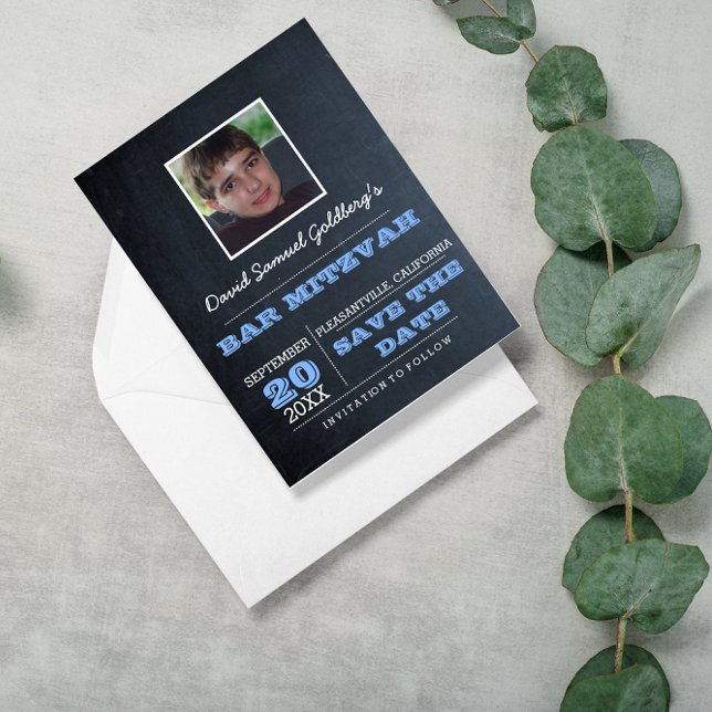 Chalkboard Blue Pub Mitzvah Photo Save Date Meddelande Vykort (Skapare uppladdad)