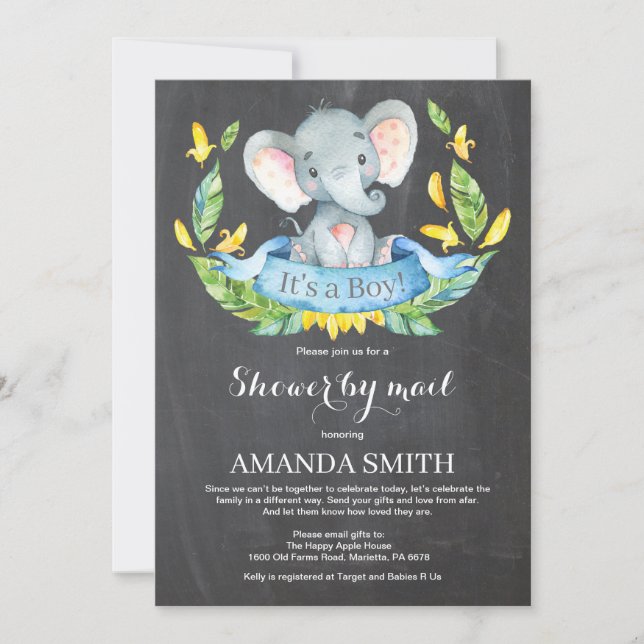Chalkboard Boy Elephant Baby Shower by Mail Inbjudningar (Framsida)