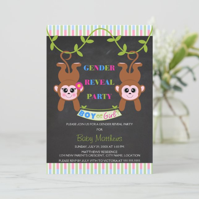 Chalkboard Boy eller Girl Monkey Gender Reveal Par Inbjudningar (Stående Fram)