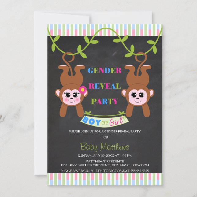 Chalkboard Boy eller Girl Monkey Gender Reveal Par Inbjudningar (Framsida)