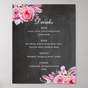 Chalkboard bröllop dricker pub. Blommor och fjädra Poster