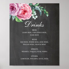 Chalkboard bröllop dricker. Rosa blommigt alkohol Poster