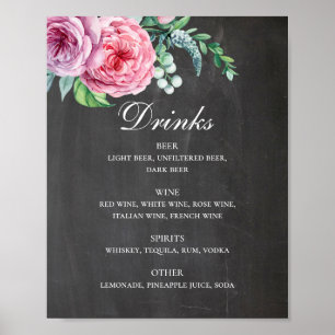 Chalkboard bröllop dricker. Rosa blommigt alkohol Poster
