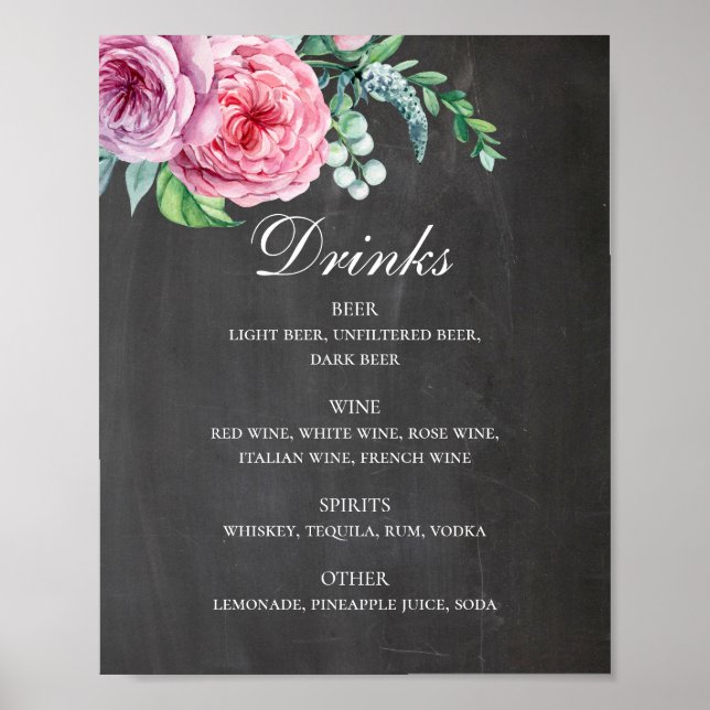 Chalkboard bröllop dricker. Rosa blommigt alkohol Poster (Framsidan)