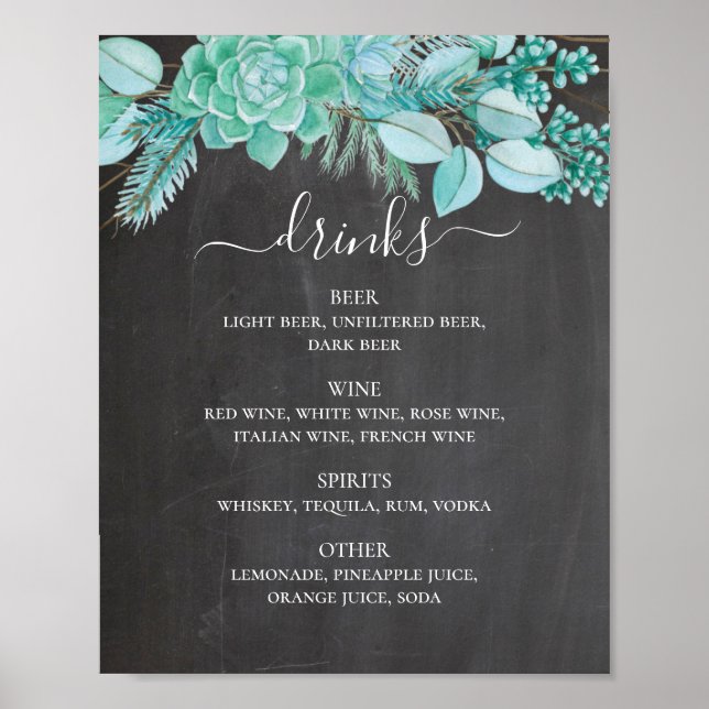 Chalkboard bröllop dricker. Succult mynta blommigt Poster (Framsidan)