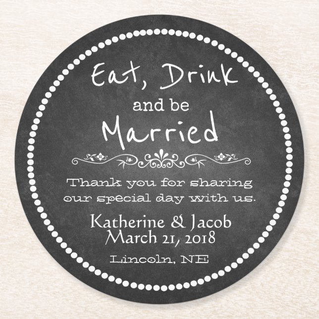Chalkboard Bröllop Tack Favor Papper Underlägg 2 Rund (Framsidan)