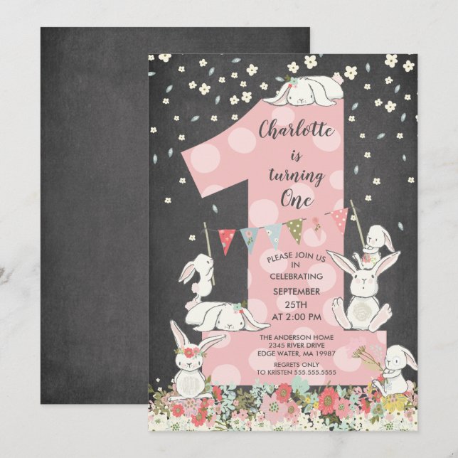 Chalkboard Bunny Big One Girls Birthday-inbjudan Inbjudningar (Fram/baksida)