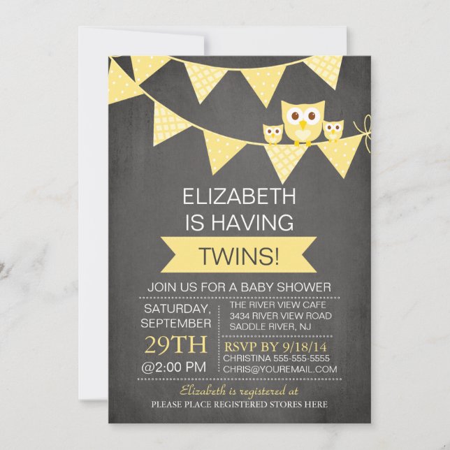 Chalkboard Bunting Uggla TWILLINGAR NEUTRALT Baby  Inbjudningar (Framsida)