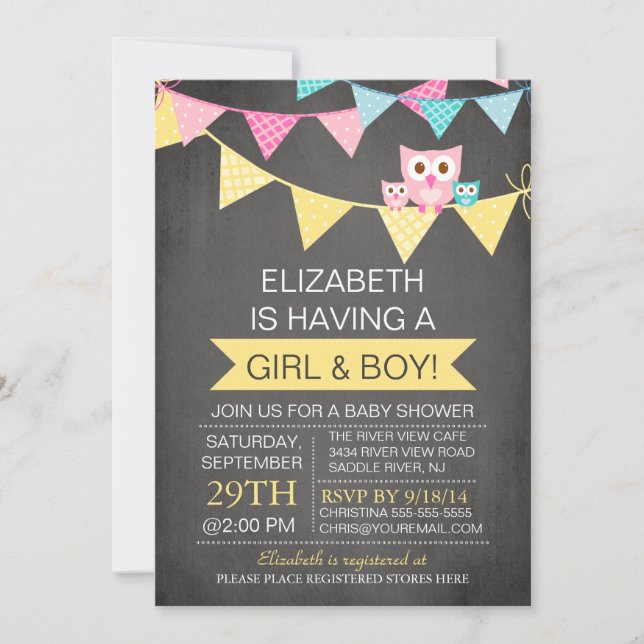 Chalkboard Bunting Uggla TWILLINGARS GIRL BOY Baby Inbjudningar (Framsida)